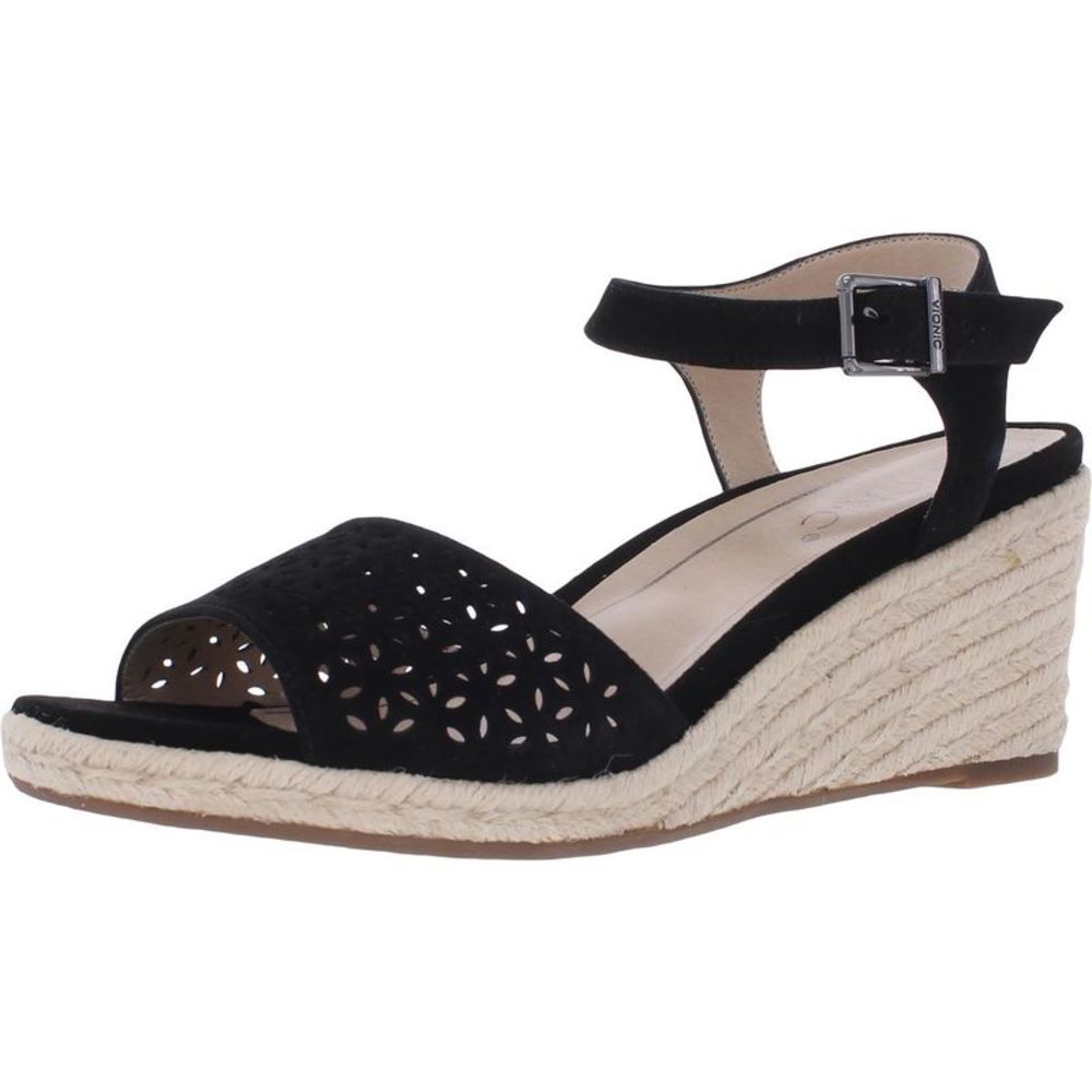 Vionic Womens Ariel Black Suede Perforated Espadrilles Wedges Shoes NWOB